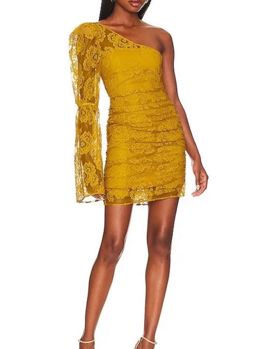 For Love & Lemons Tiana yellow lace Dress One Shoulder Long Sleeve Floral S $239